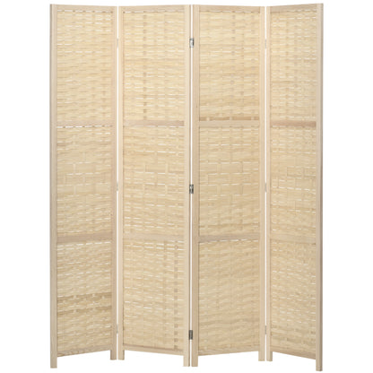 Indoor 4-Panel Wooden and Bamboo Woven Screen Divider, Folding Space-Saving Partition, Height 170cm, Natural