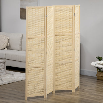 Indoor 4-Panel Wooden and Bamboo Woven Screen Divider, Folding Space-Saving Partition, Height 170cm, Natural