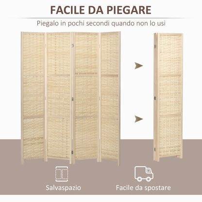 Indoor 4-Panel Wooden and Bamboo Woven Screen Divider, Folding Space-Saving Partition, Height 170cm, Natural