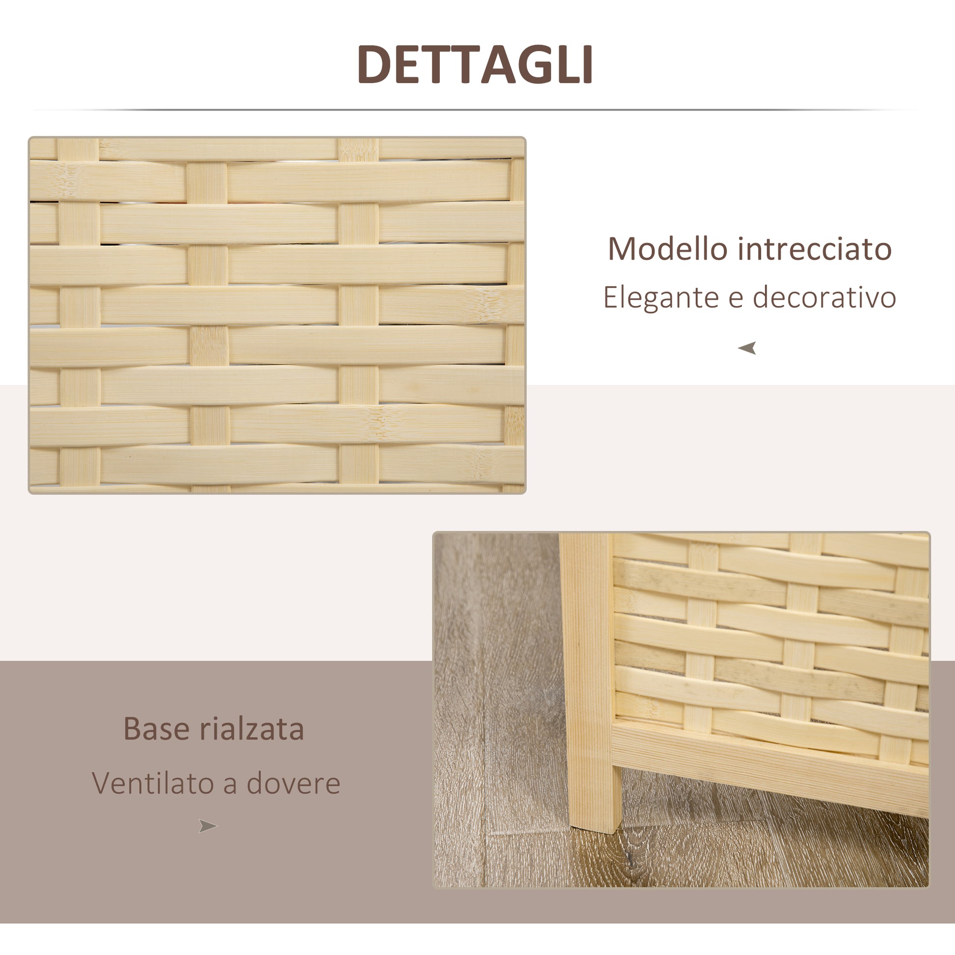Indoor 4-Panel Wooden and Bamboo Woven Screen Divider, Folding Space-Saving Partition, Height 170cm, Natural
