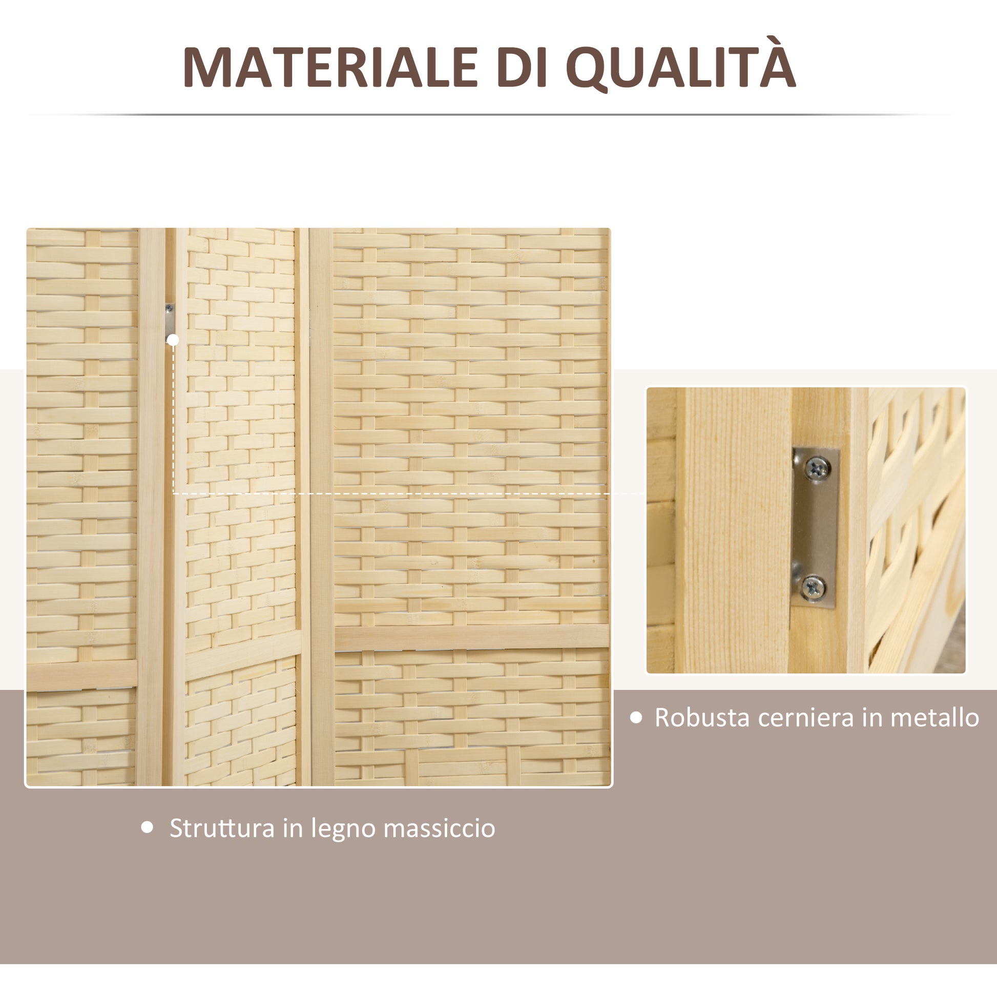 Indoor 4-Panel Wooden and Bamboo Woven Screen Divider, Folding Space-Saving Partition, Height 170cm, Natural