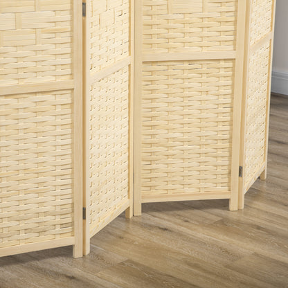 Indoor 4-Panel Wooden and Bamboo Woven Screen Divider, Folding Space-Saving Partition, Height 170cm, Natural