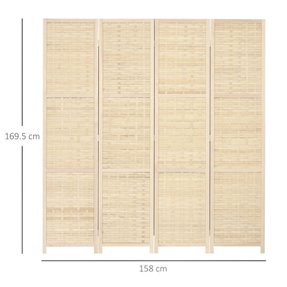 Indoor 4-Panel Wooden and Bamboo Woven Screen Divider, Folding Space-Saving Partition, Height 170cm, Natural