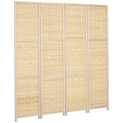 Indoor 4-Panel Wooden and Bamboo Woven Screen Divider, Folding Space-Saving Partition, Height 170cm, Natural
