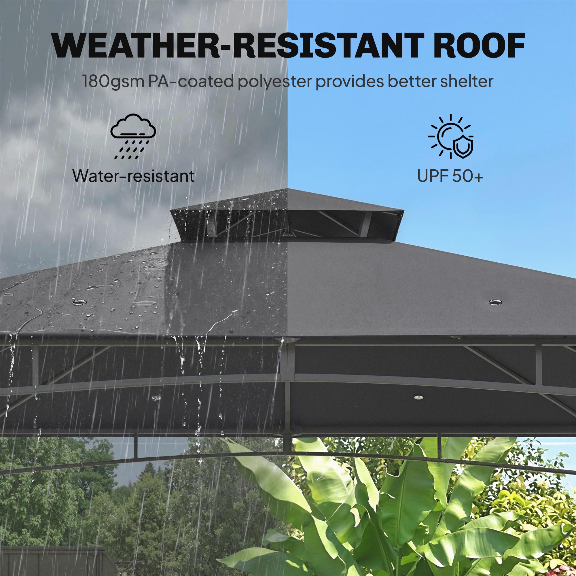 3 x 3 m Waterproof Garden Gazebo — Double Roof, Retractable Top Frame, UPF 50+, Powder-Coated Metal, Dark Gray