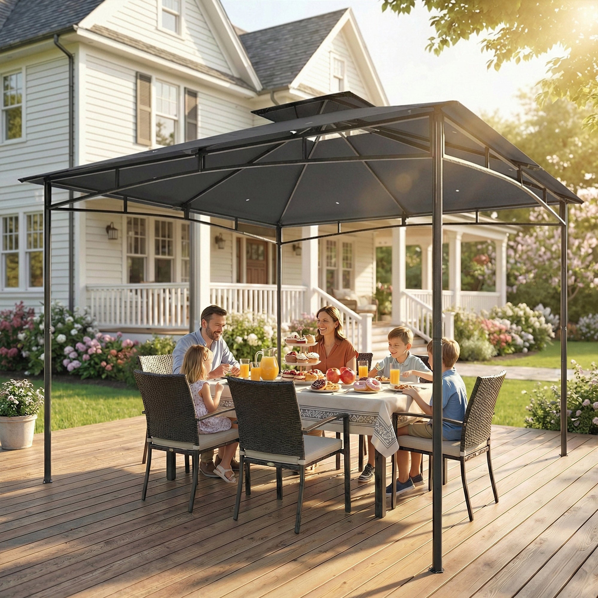3 x 3 m Waterproof Garden Gazebo — Double Roof, Retractable Top Frame, UPF 50+, Powder-Coated Metal, Dark Gray