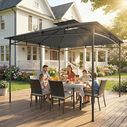 3 x 3 m Waterproof Garden Gazebo — Double Roof, Retractable Top Frame, UPF 50+, Powder-Coated Metal, Dark Gray