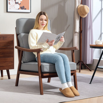 Living Room Armchair Lounge Chair Upholstered in PU with Wooden Frame Thick Padded Cushions High Backrest 150 kg Load Reading Chair for Living Room Bedroom Gray and Walnut Wood