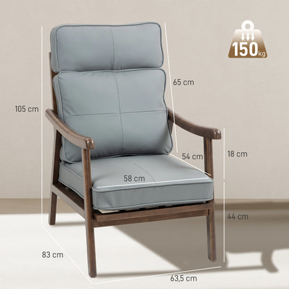 Living Room Armchair Lounge Chair Upholstered in PU with Wooden Frame Thick Padded Cushions High Backrest 150 kg Load Reading Chair for Living Room Bedroom Gray and Walnut Wood