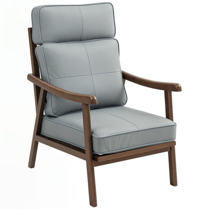 Living Room Armchair Lounge Chair Upholstered in PU with Wooden Frame Thick Padded Cushions High Backrest 150 kg Load Reading Chair for Living Room Bedroom Gray and Walnut Wood