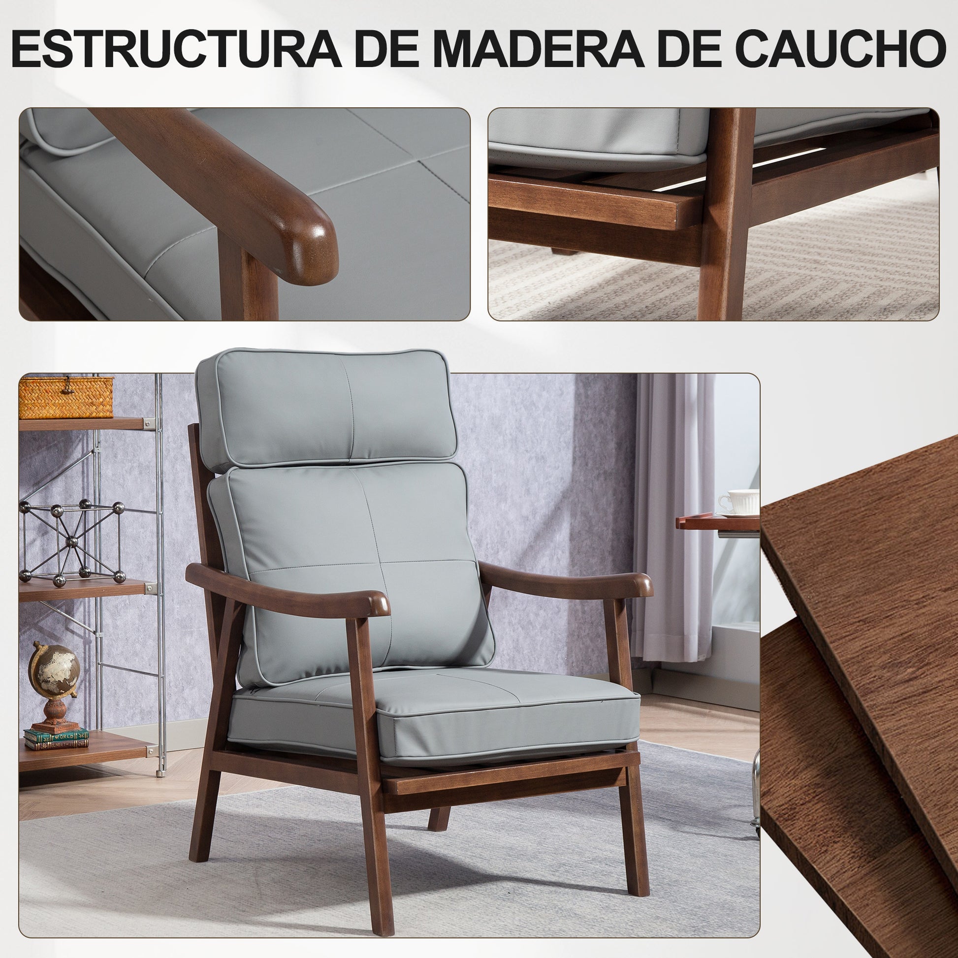 Living Room Armchair Lounge Chair Upholstered in PU with Wooden Frame Thick Padded Cushions High Backrest 150 kg Load Reading Chair for Living Room Bedroom Gray and Walnut Wood