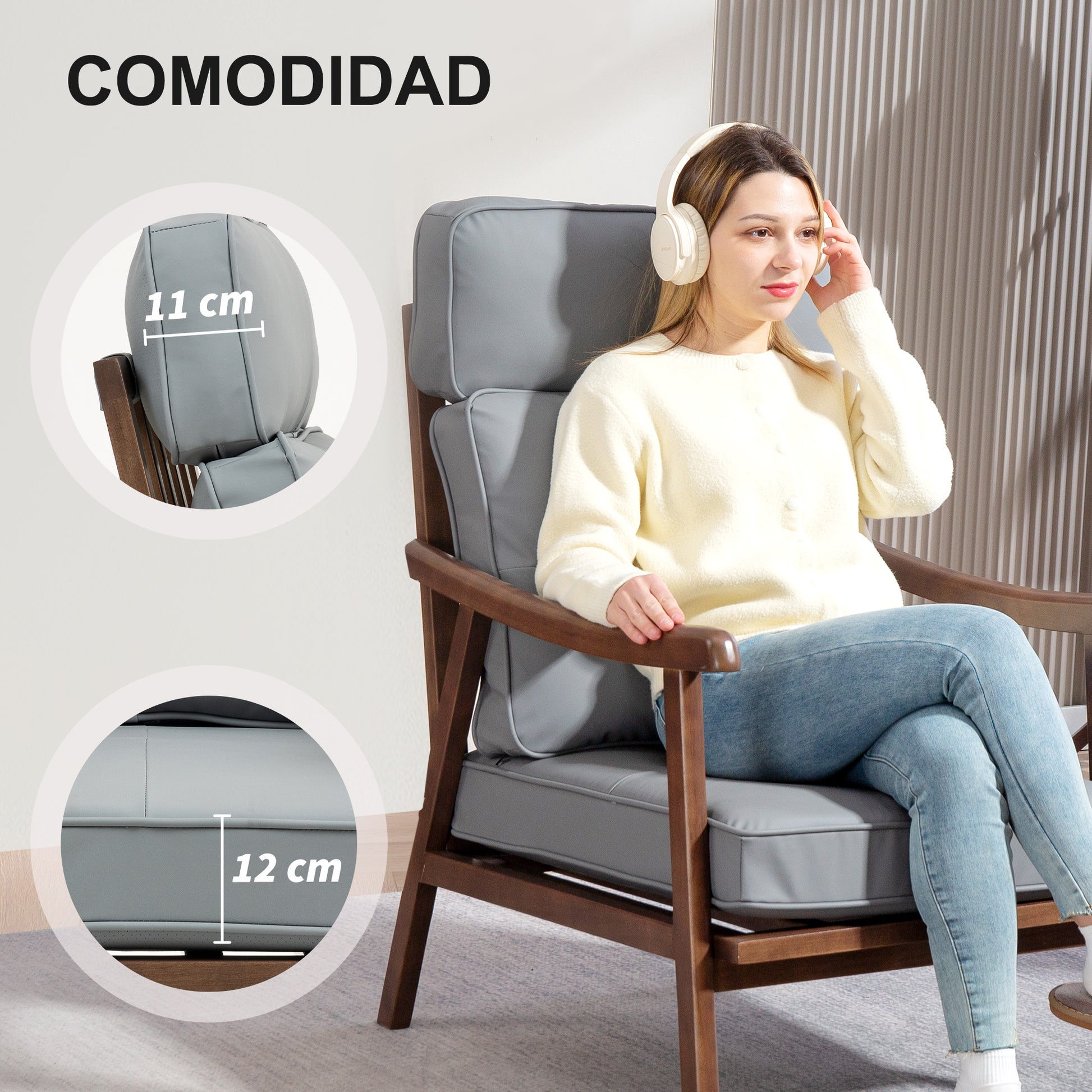Living Room Armchair Lounge Chair Upholstered in PU with Wooden Frame Thick Padded Cushions High Backrest 150 kg Load Reading Chair for Living Room Bedroom Gray and Walnut Wood