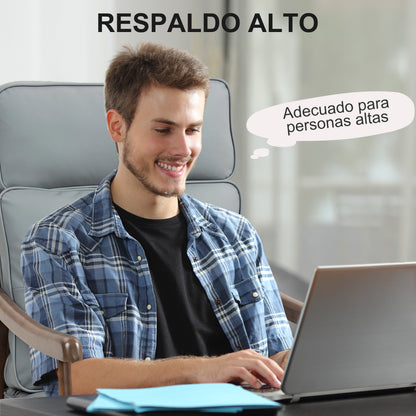 Living Room Armchair Lounge Chair Upholstered in PU with Wooden Frame Thick Padded Cushions High Backrest 150 kg Load Reading Chair for Living Room Bedroom Gray and Walnut Wood