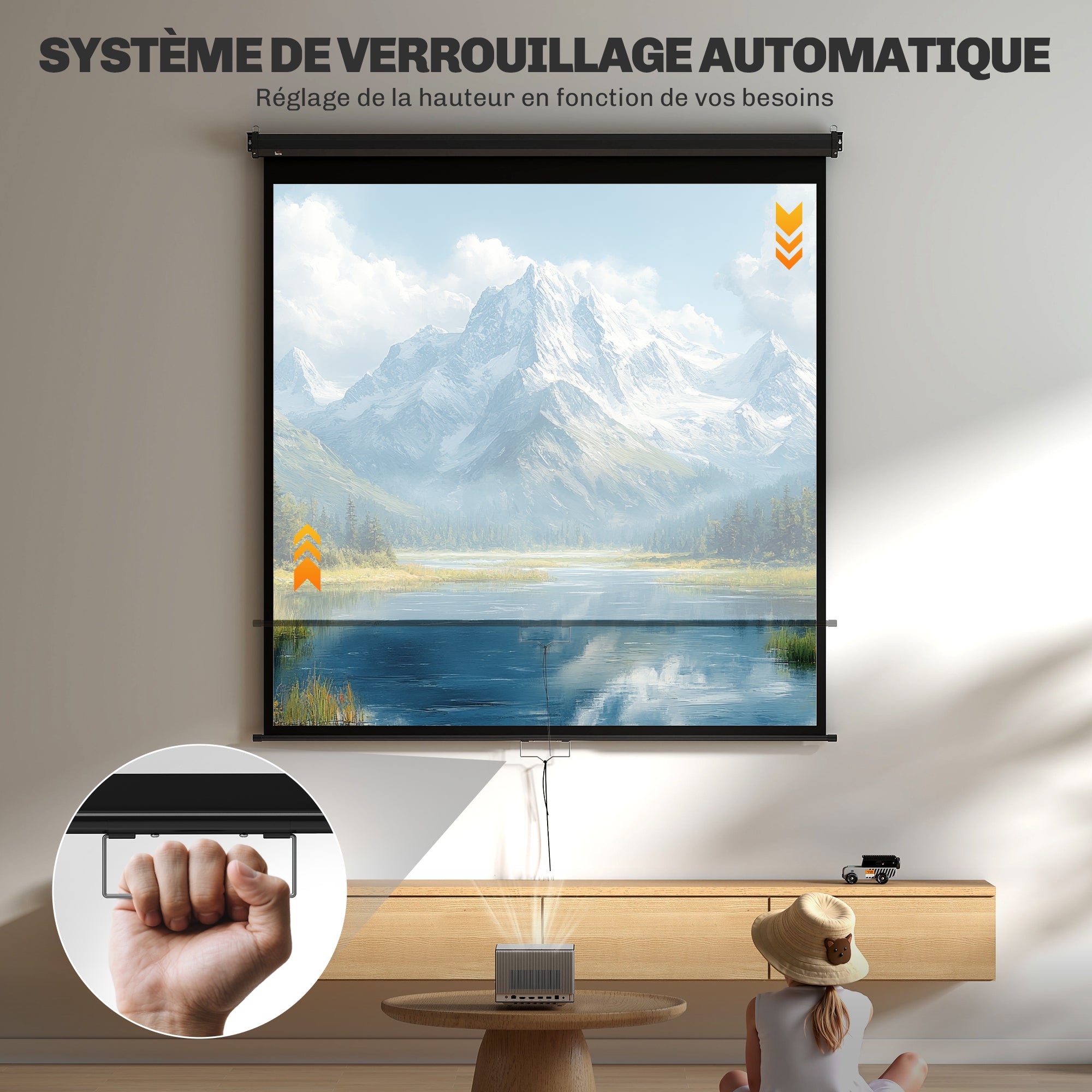 99-inch Projection Screen, Projector Screen, Home Cinema, 1:1 4K HD, Wall or Ceiling Mount, 189 x 7 x 182 cm, Black