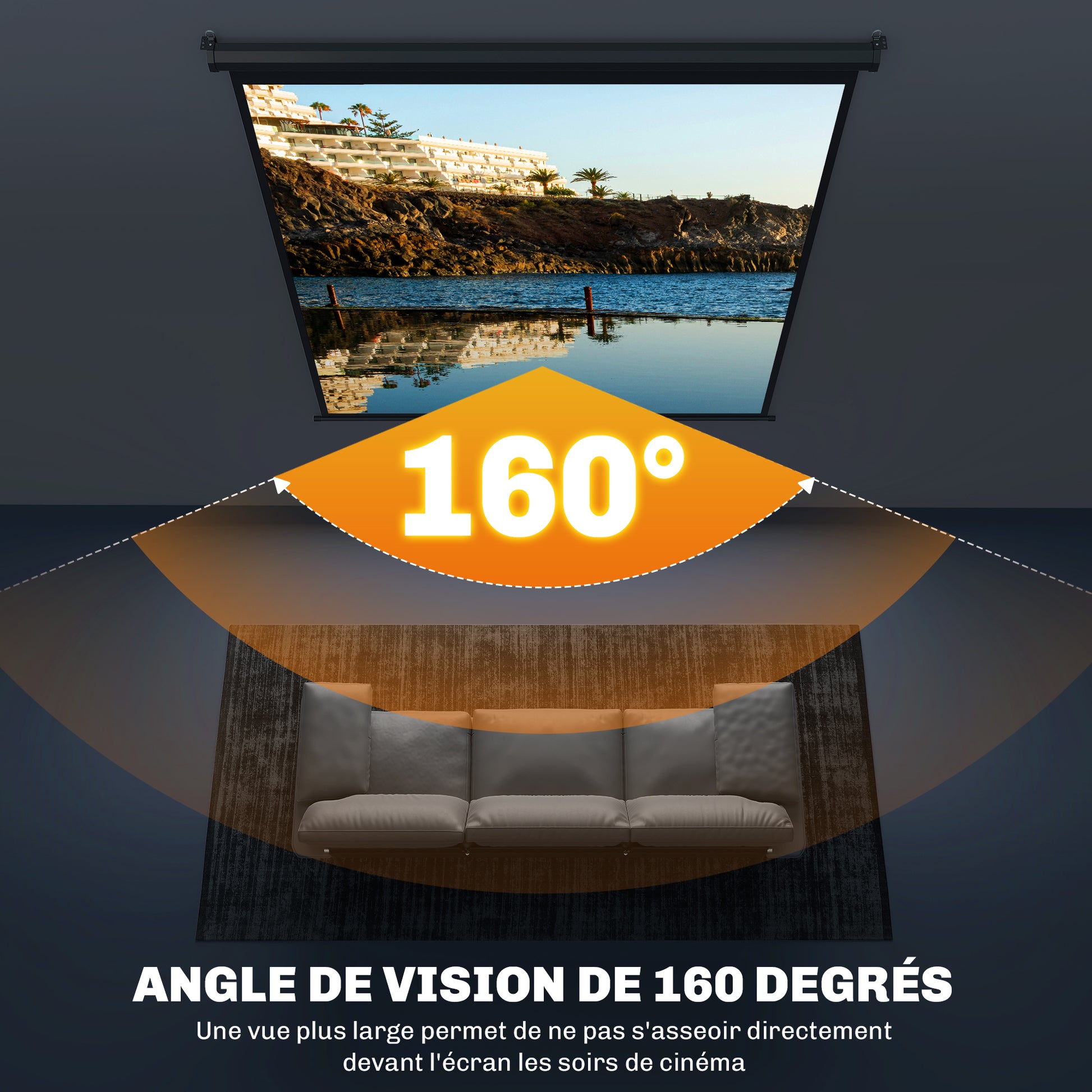 99-inch Projection Screen, Projector Screen, Home Cinema, 1:1 4K HD, Wall or Ceiling Mount, 189 x 7 x 182 cm, Black
