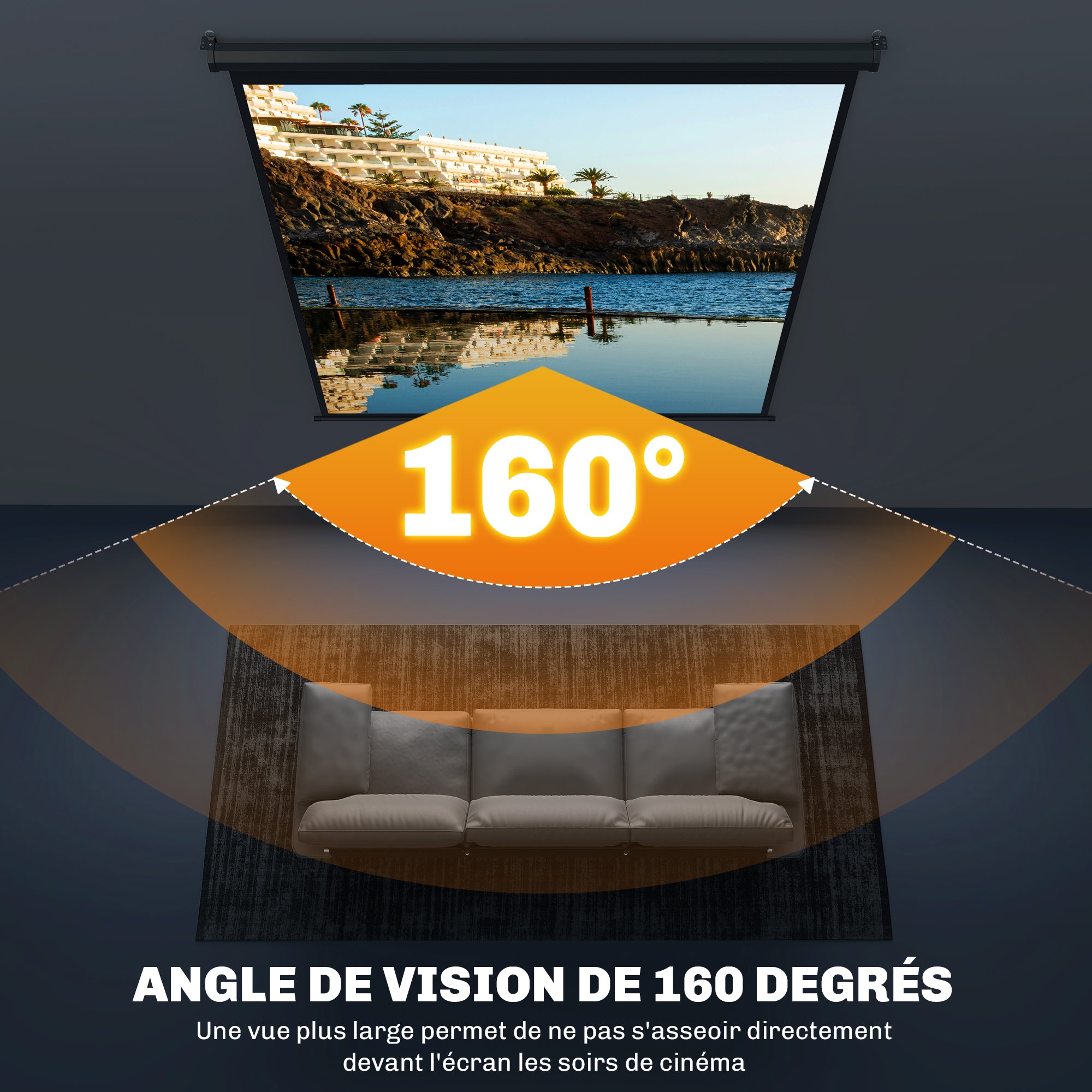 99-inch Projection Screen, Projector Screen, Home Cinema, 1:1 4K HD, Wall or Ceiling Mount, 189 x 7 x 182 cm, Black