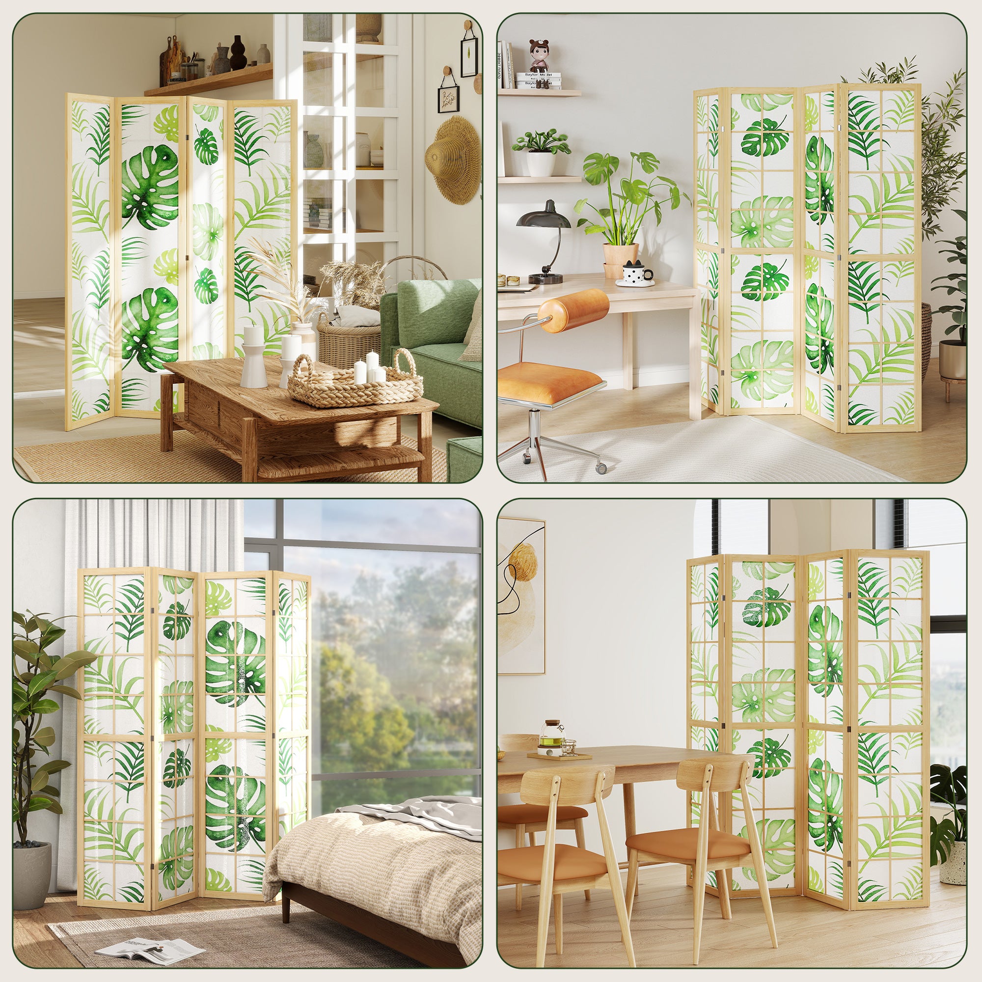 4-Panel Folding Room Divider, 63 x 67 in — Pine Frame Privacy Screen with Palm Leaf Print, Free-Standing Partition (Natural Wood & Green)