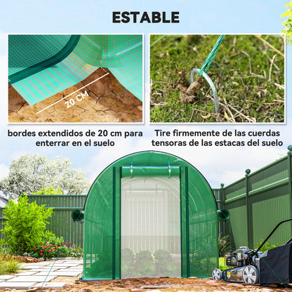 Outdoor Greenhouse 4.5x2x2m with Additional Cover Tunnel Greenhouse with Roll-Up Side Walls 8 Mesh Windows and 2 Roll-Up Doors Green Garden Greenhouse