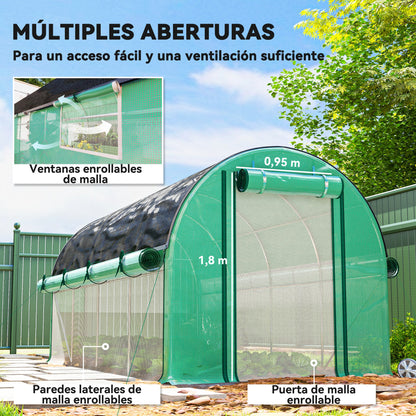 Outdoor Greenhouse 4.5x2x2m with Additional Cover Tunnel Greenhouse with Roll-Up Side Walls 8 Mesh Windows and 2 Roll-Up Doors Green Garden Greenhouse