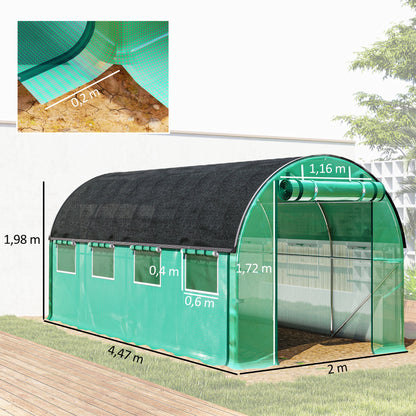 Outdoor Greenhouse 4.5x2x2m with Additional Cover Tunnel Greenhouse with Roll-Up Side Walls 8 Mesh Windows and 2 Roll-Up Doors Green Garden Greenhouse