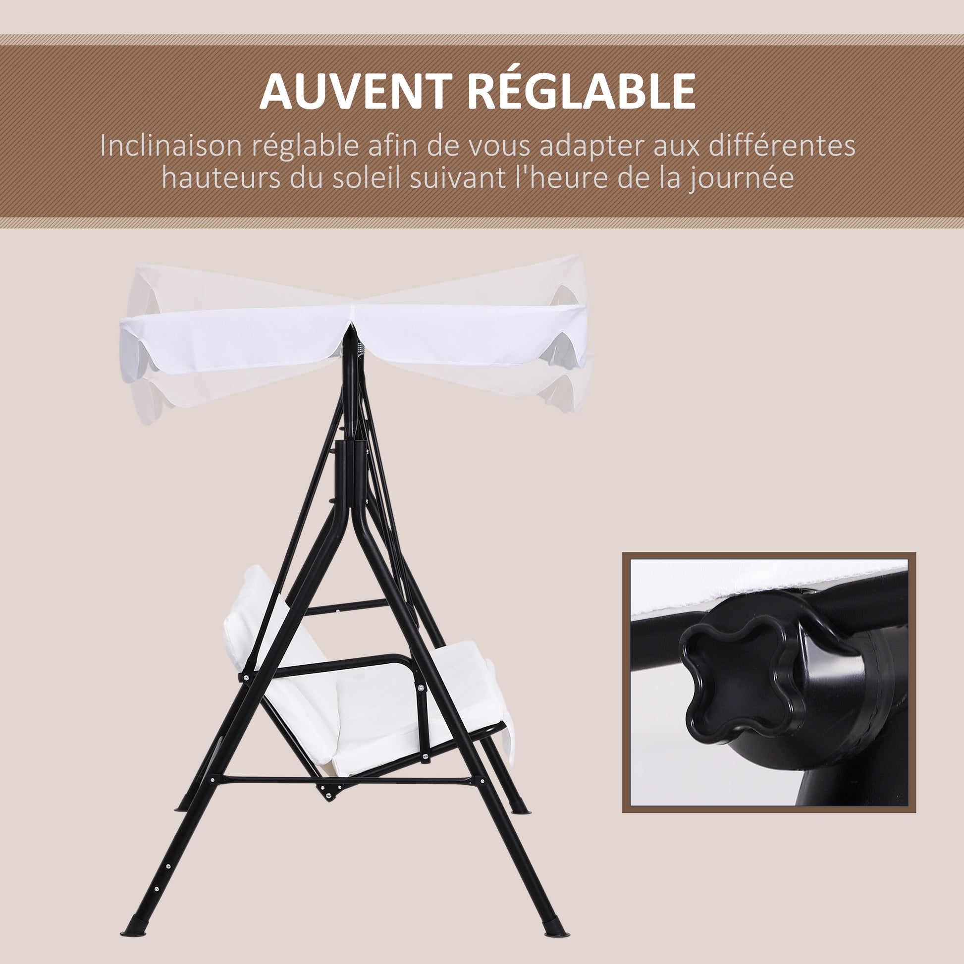 3-Seater Garden Swing with Adjustable Roof Inclination Comfort Seat and Back Cushions 1.72L x 1.1W x 1.52H m Black Steel White Polyester