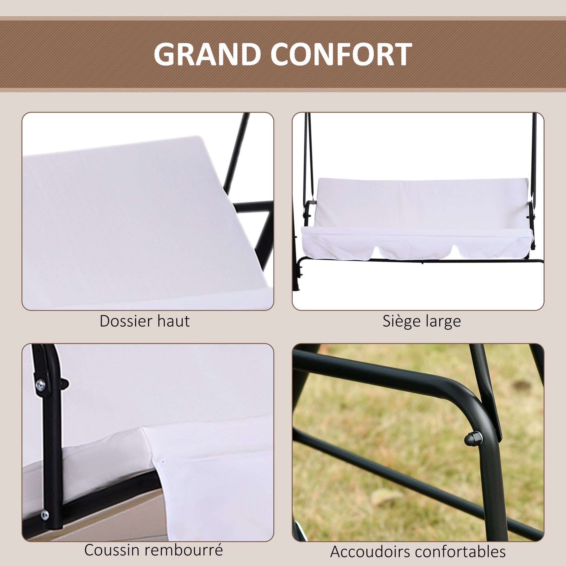 3-Seater Garden Swing with Adjustable Roof Inclination Comfort Seat and Back Cushions 1.72L x 1.1W x 1.52H m Black Steel White Polyester
