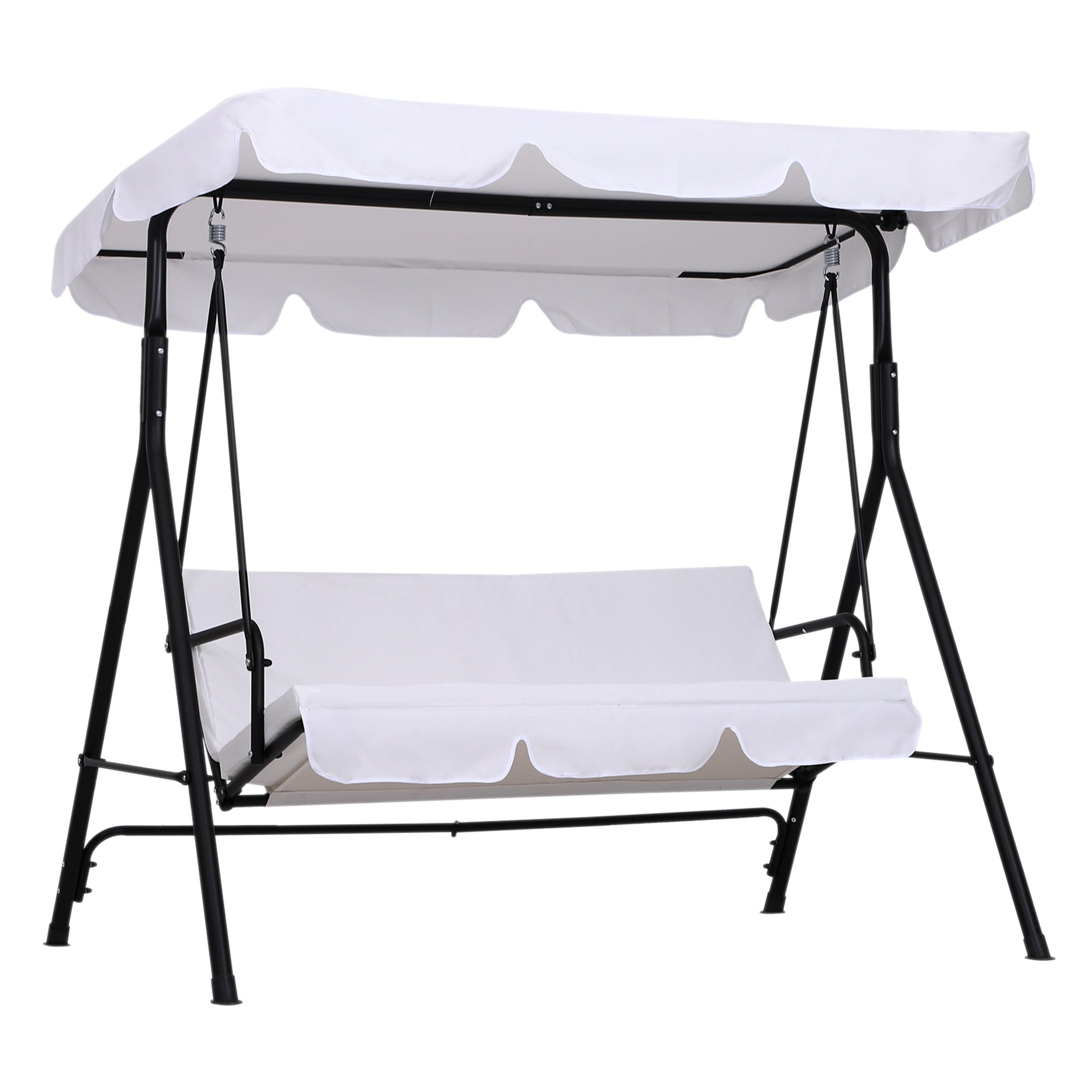 3-Seater Garden Swing with Adjustable Roof Inclination Comfort Seat and Back Cushions 1.72L x 1.1W x 1.52H m Black Steel White Polyester