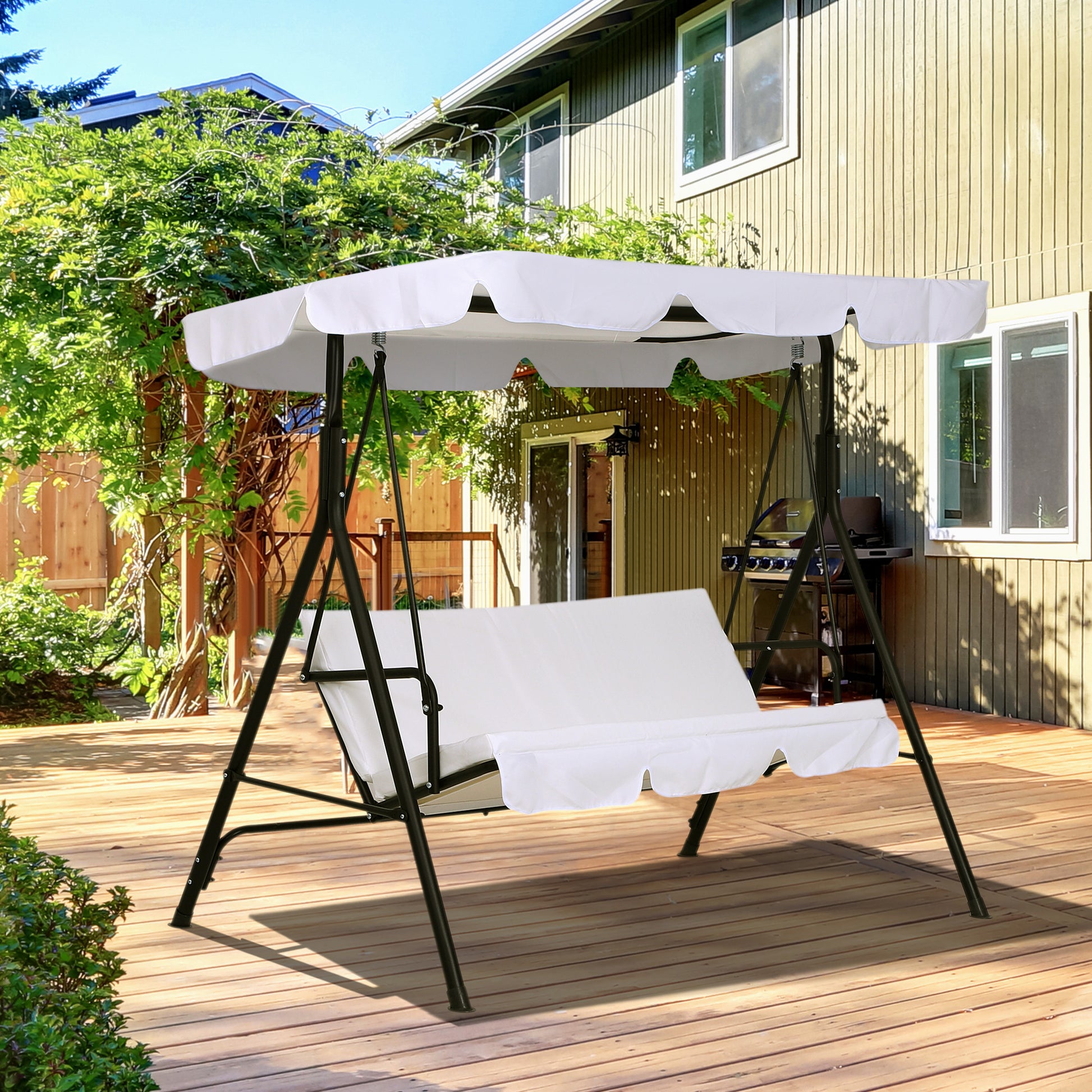 3-Seater Garden Swing with Adjustable Roof Inclination Comfort Seat and Back Cushions 1.72L x 1.1W x 1.52H m Black Steel White Polyester