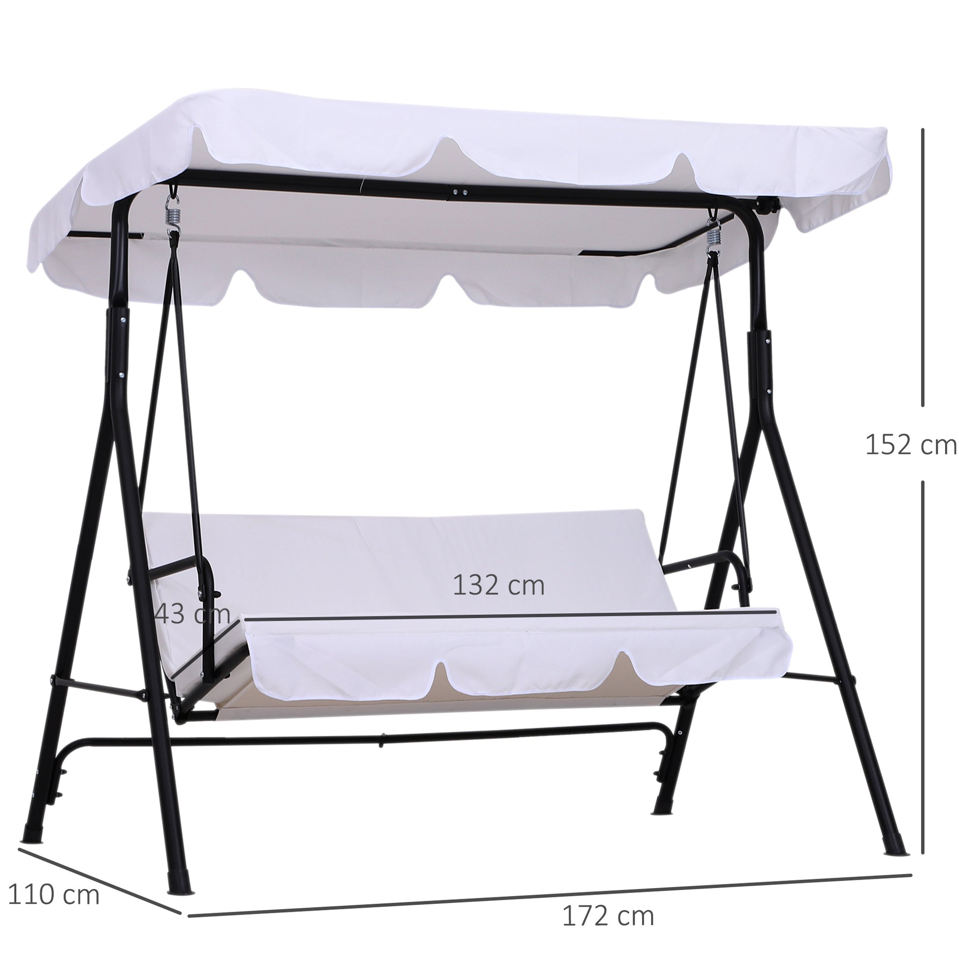 3-Seater Garden Swing with Adjustable Roof Inclination Comfort Seat and Back Cushions 1.72L x 1.1W x 1.52H m Black Steel White Polyester