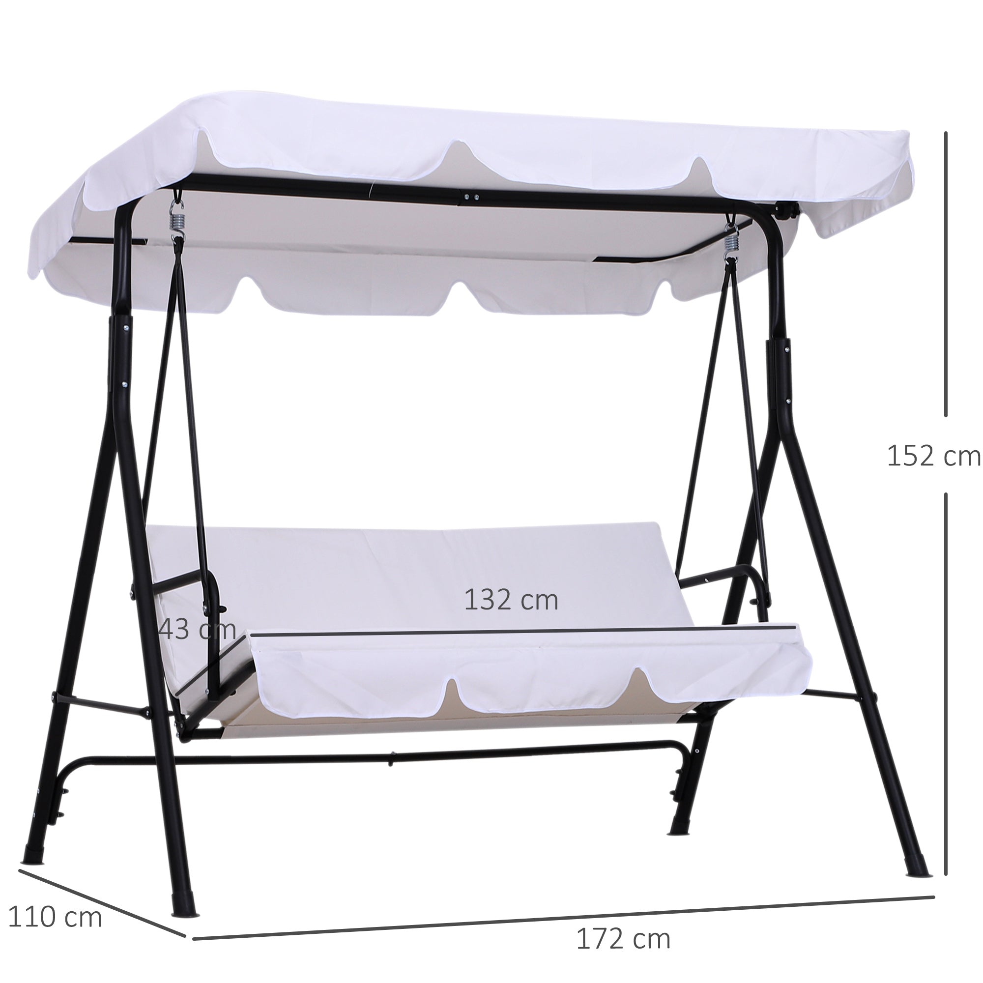 3-Seater Garden Swing with Adjustable Roof Inclination Comfort Seat and Back Cushions 1.72L x 1.1W x 1.52H m Black Steel White Polyester