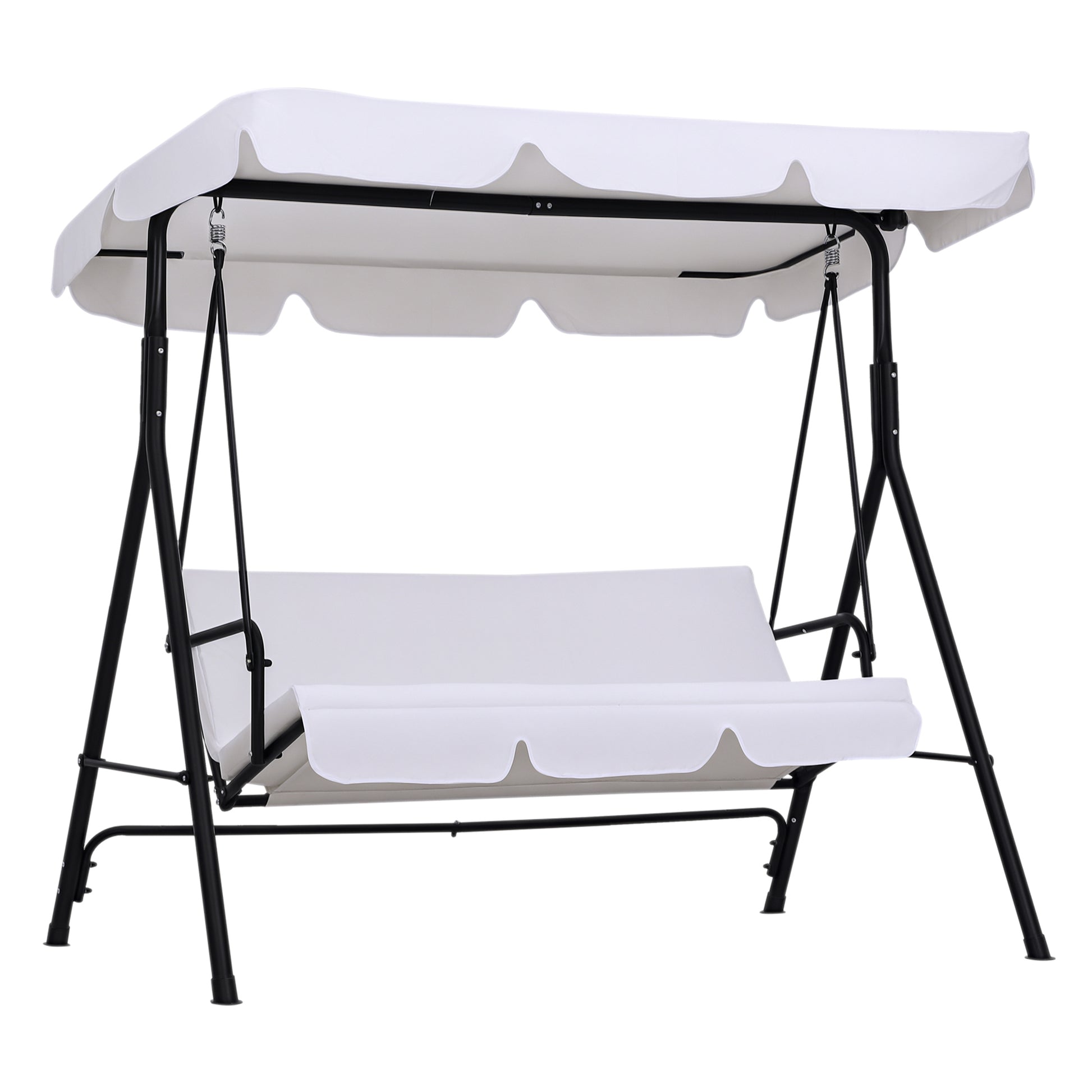 3-Seater Garden Swing with Adjustable Roof Inclination Comfort Seat and Back Cushions 1.72L x 1.1W x 1.52H m Black Steel White Polyester