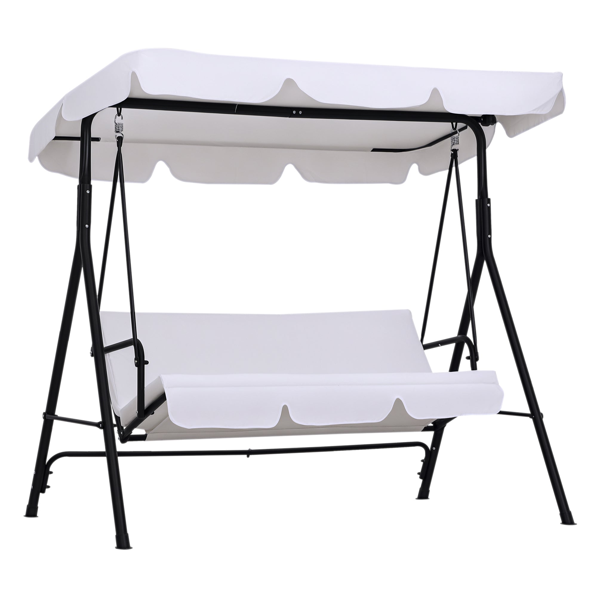 3-Seater Garden Swing with Adjustable Roof Inclination Comfort Seat and Back Cushions 1.72L x 1.1W x 1.52H m Black Steel White Polyester
