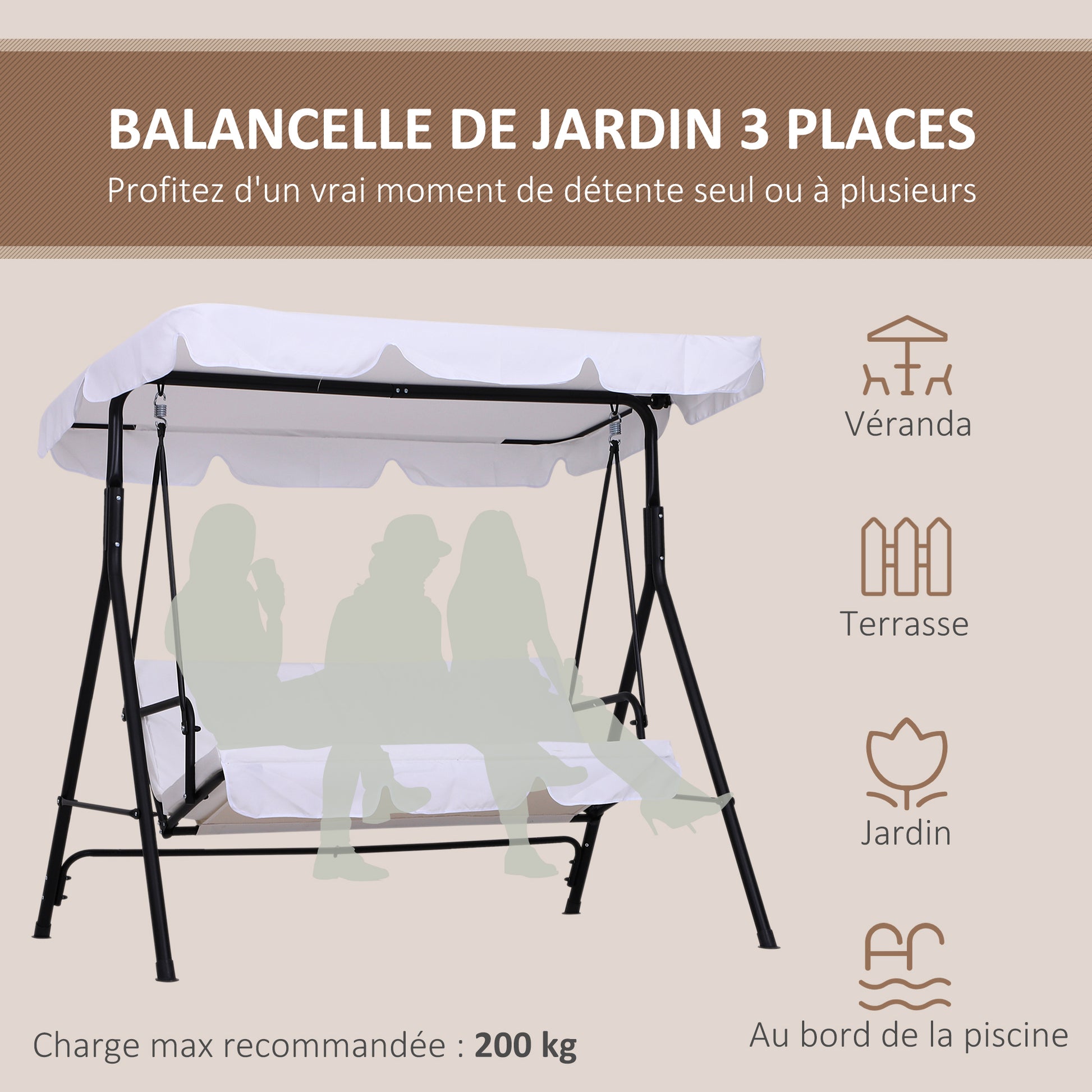 3-Seater Garden Swing with Adjustable Roof Inclination Comfort Seat and Back Cushions 1.72L x 1.1W x 1.52H m Black Steel White Polyester