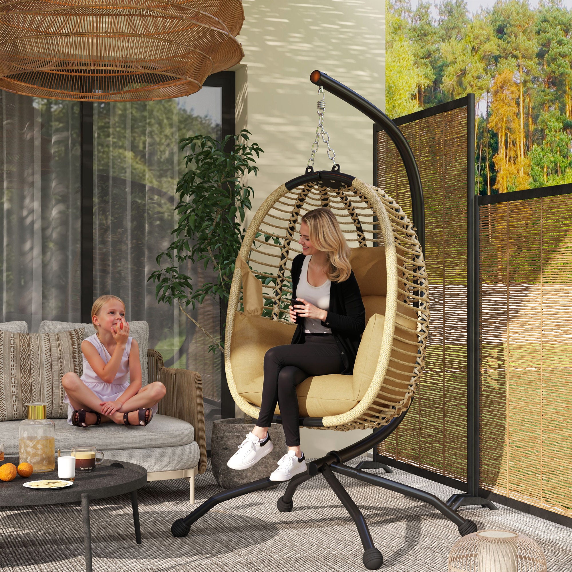 Folding Hanging Egg Chair Swing with Cushion and Stand Indoor Outdoor Use Metal Polypropylene Rope Beige 110L x 100W x 188H cm