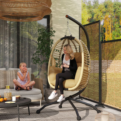 Folding Hanging Egg Chair Swing with Cushion and Stand Indoor Outdoor Use Metal Polypropylene Rope Beige 110L x 100W x 188H cm