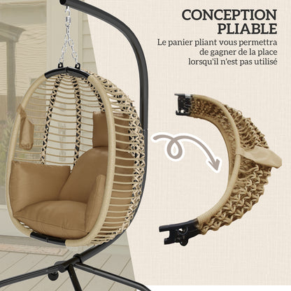 Folding Hanging Egg Chair Swing with Cushion and Stand Indoor Outdoor Use Metal Polypropylene Rope Beige 110L x 100W x 188H cm