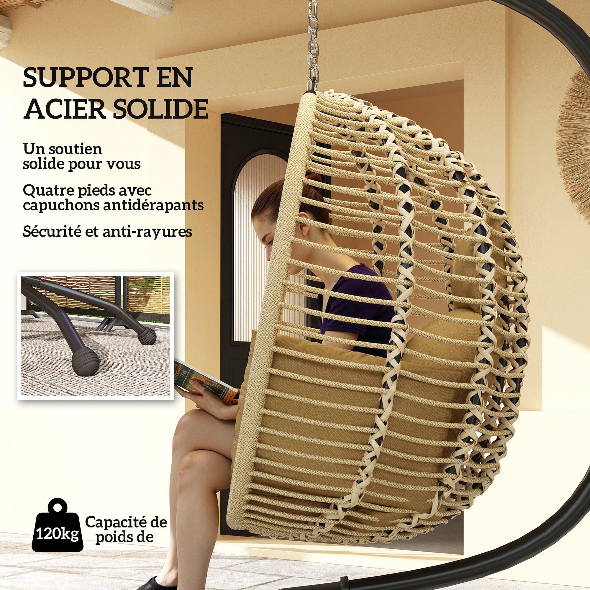 Folding Hanging Egg Chair Swing with Cushion and Stand Indoor Outdoor Use Metal Polypropylene Rope Beige 110L x 100W x 188H cm
