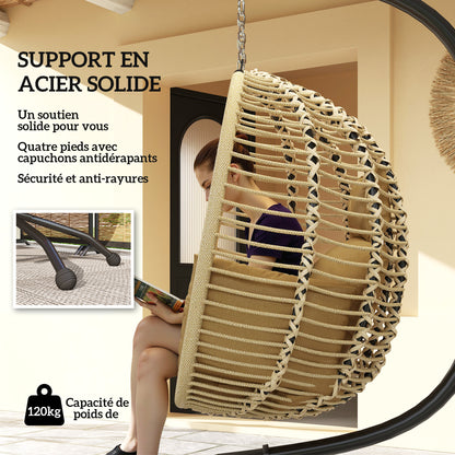 Folding Hanging Egg Chair Swing with Cushion and Stand Indoor Outdoor Use Metal Polypropylene Rope Beige 110L x 100W x 188H cm