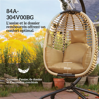 Folding Hanging Egg Chair Swing with Cushion and Stand Indoor Outdoor Use Metal Polypropylene Rope Beige 110L x 100W x 188H cm