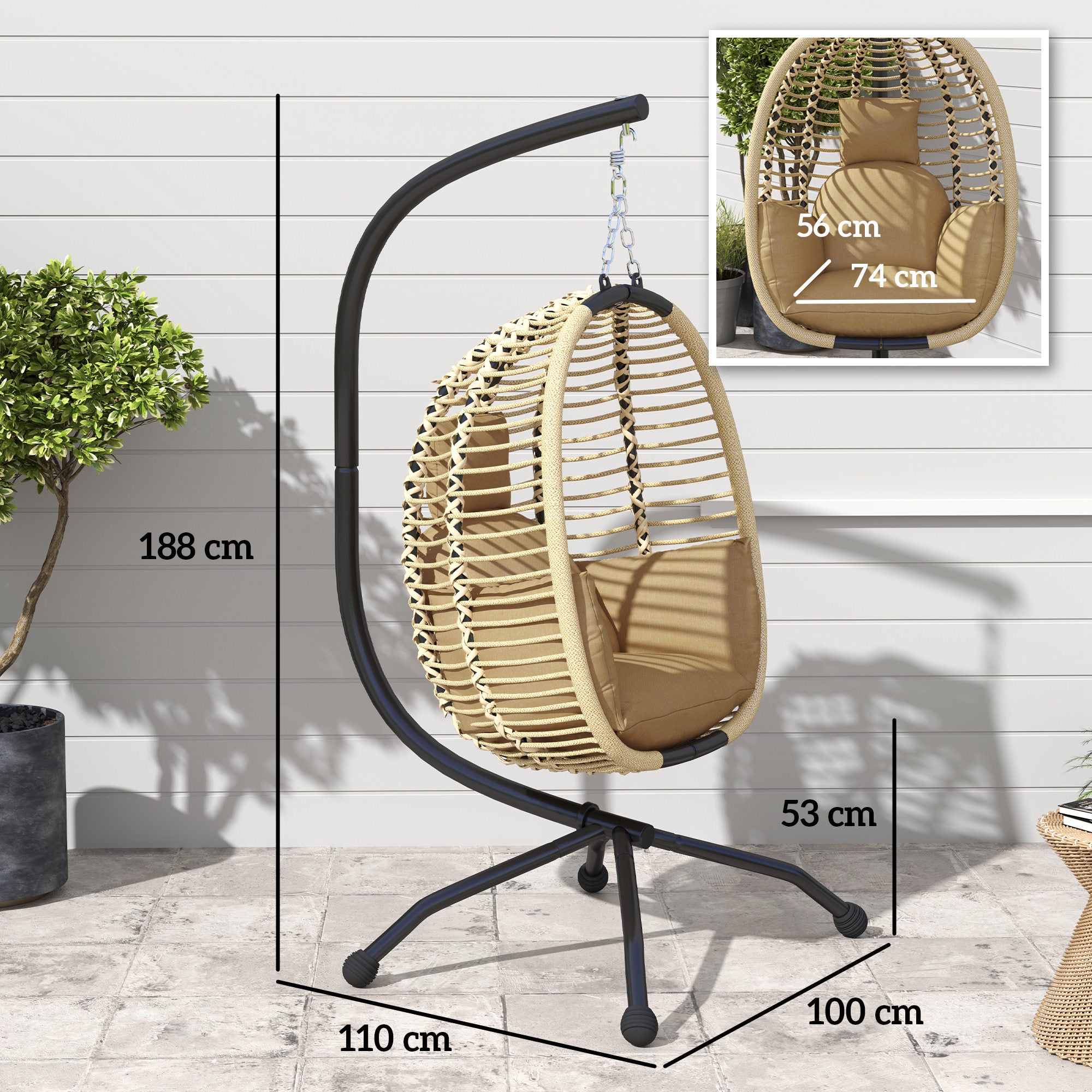 Folding Hanging Egg Chair Swing with Cushion and Stand Indoor Outdoor Use Metal Polypropylene Rope Beige 110L x 100W x 188H cm