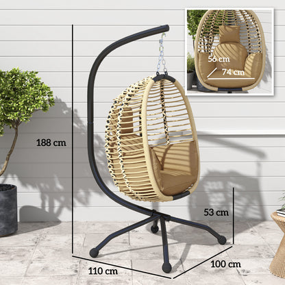 Folding Hanging Egg Chair Swing with Cushion and Stand Indoor Outdoor Use Metal Polypropylene Rope Beige 110L x 100W x 188H cm