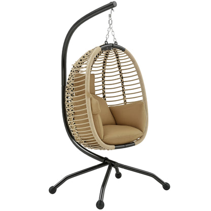 Folding Hanging Egg Chair Swing with Cushion and Stand Indoor Outdoor Use Metal Polypropylene Rope Beige 110L x 100W x 188H cm