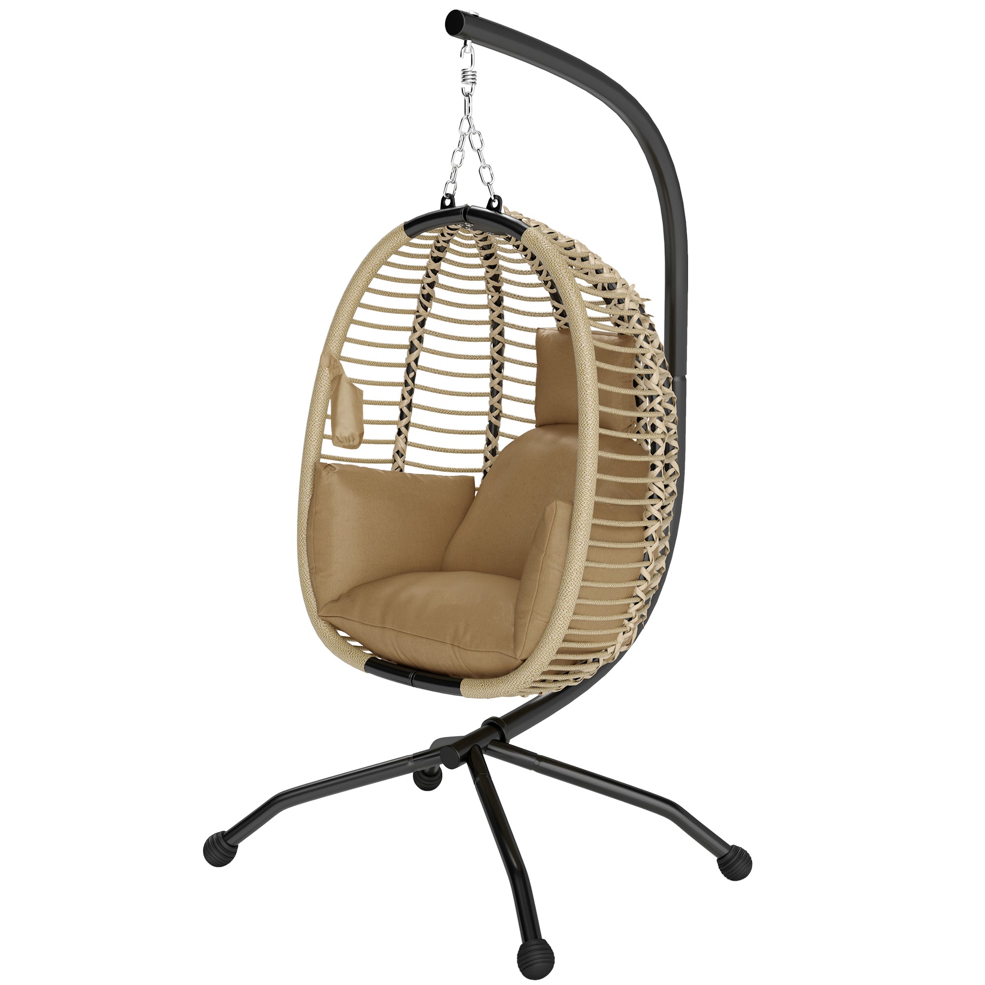 Folding Hanging Egg Chair Swing with Cushion and Stand Indoor Outdoor Use Metal Polypropylene Rope Beige 110L x 100W x 188H cm
