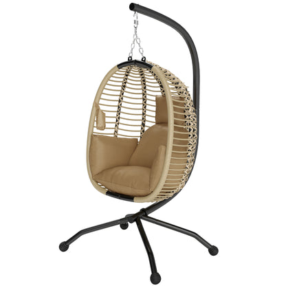 Folding Hanging Egg Chair Swing with Cushion and Stand Indoor Outdoor Use Metal Polypropylene Rope Beige 110L x 100W x 188H cm