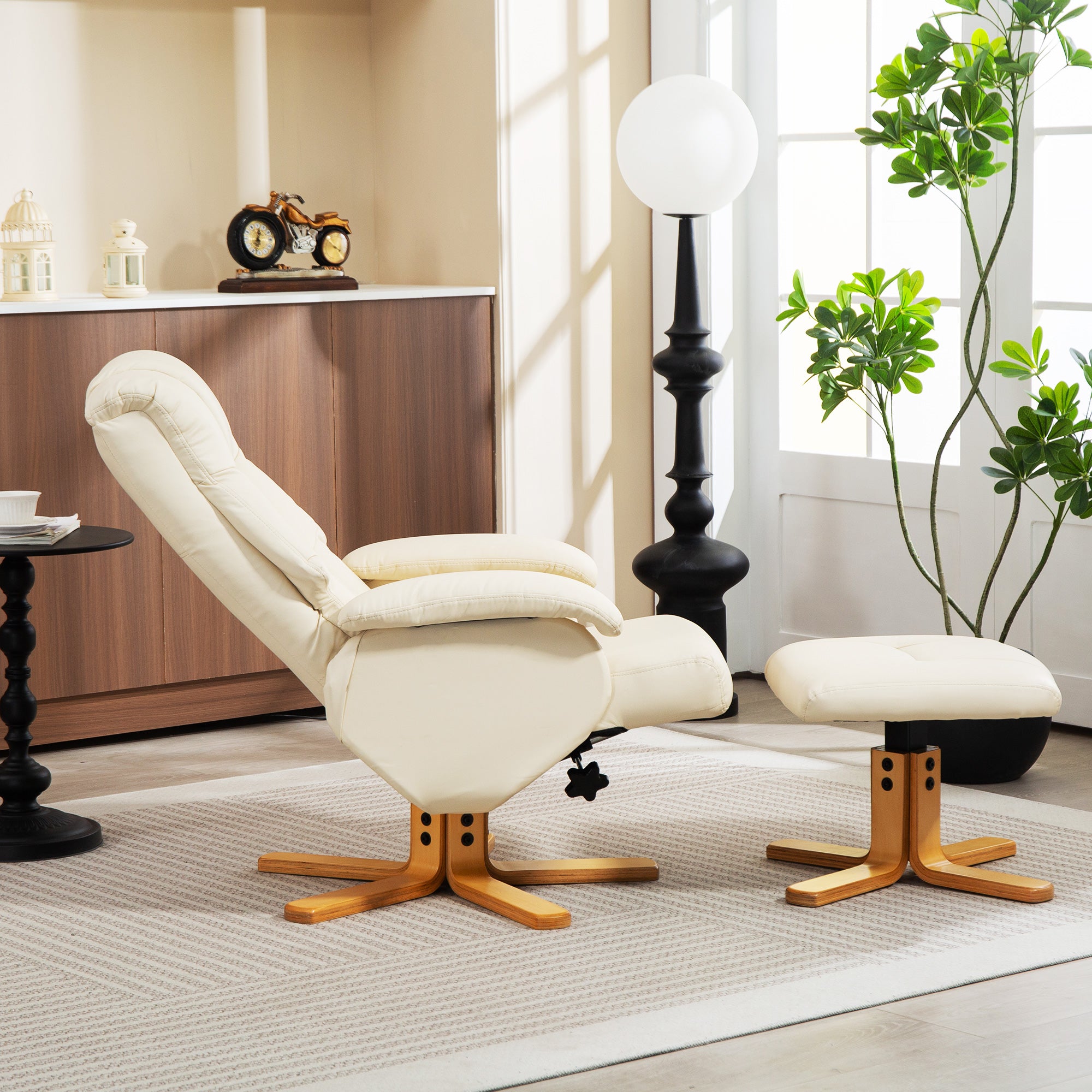 Reclining Armchair with Footstool Relaxation Chair 360° Swivel and Reclining Backrest TV Chair Supports Up to 120 Kg for Living Room, Bedroom, Office, Cream