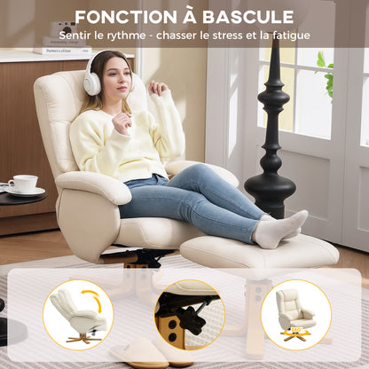Reclining Armchair with Footstool Relaxation Chair 360° Swivel and Reclining Backrest TV Chair Supports Up to 120 Kg for Living Room, Bedroom, Office, Cream