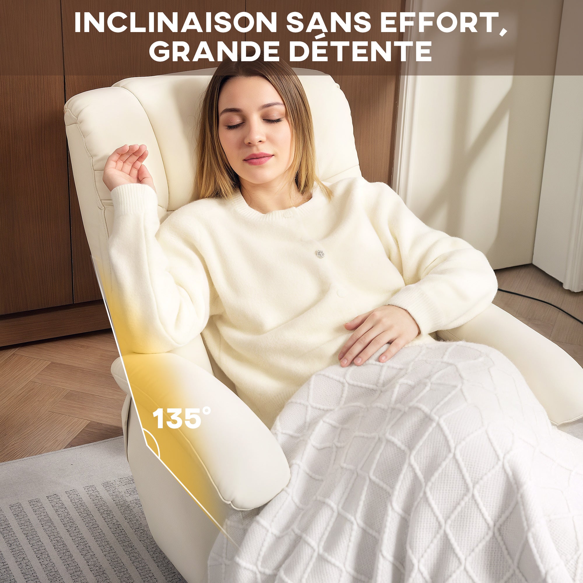 Reclining Armchair with Footstool Relaxation Chair 360° Swivel and Reclining Backrest TV Chair Supports Up to 120 Kg for Living Room, Bedroom, Office, Cream
