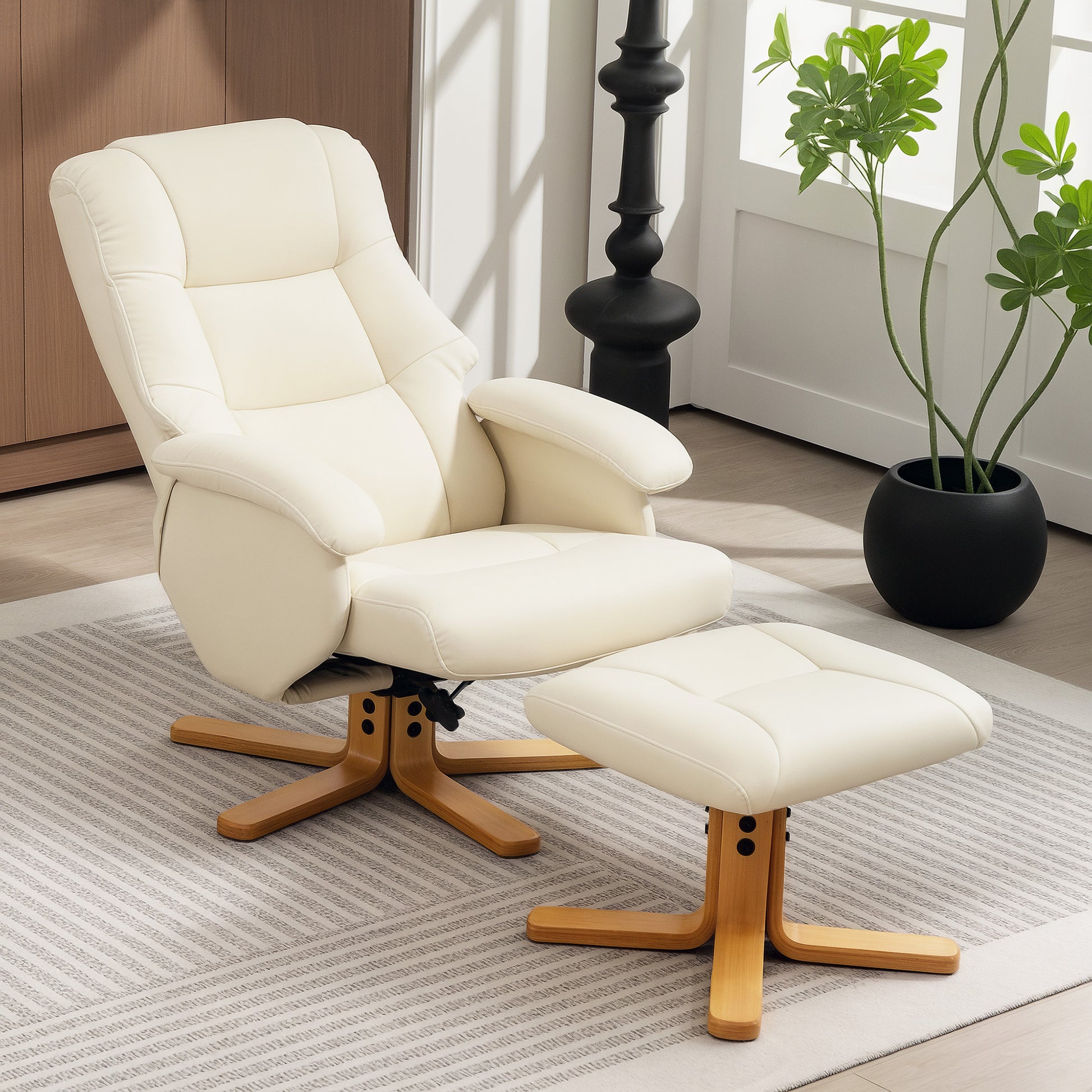 Reclining Armchair with Footstool Relaxation Chair 360° Swivel and Reclining Backrest TV Chair Supports Up to 120 Kg for Living Room, Bedroom, Office, Cream