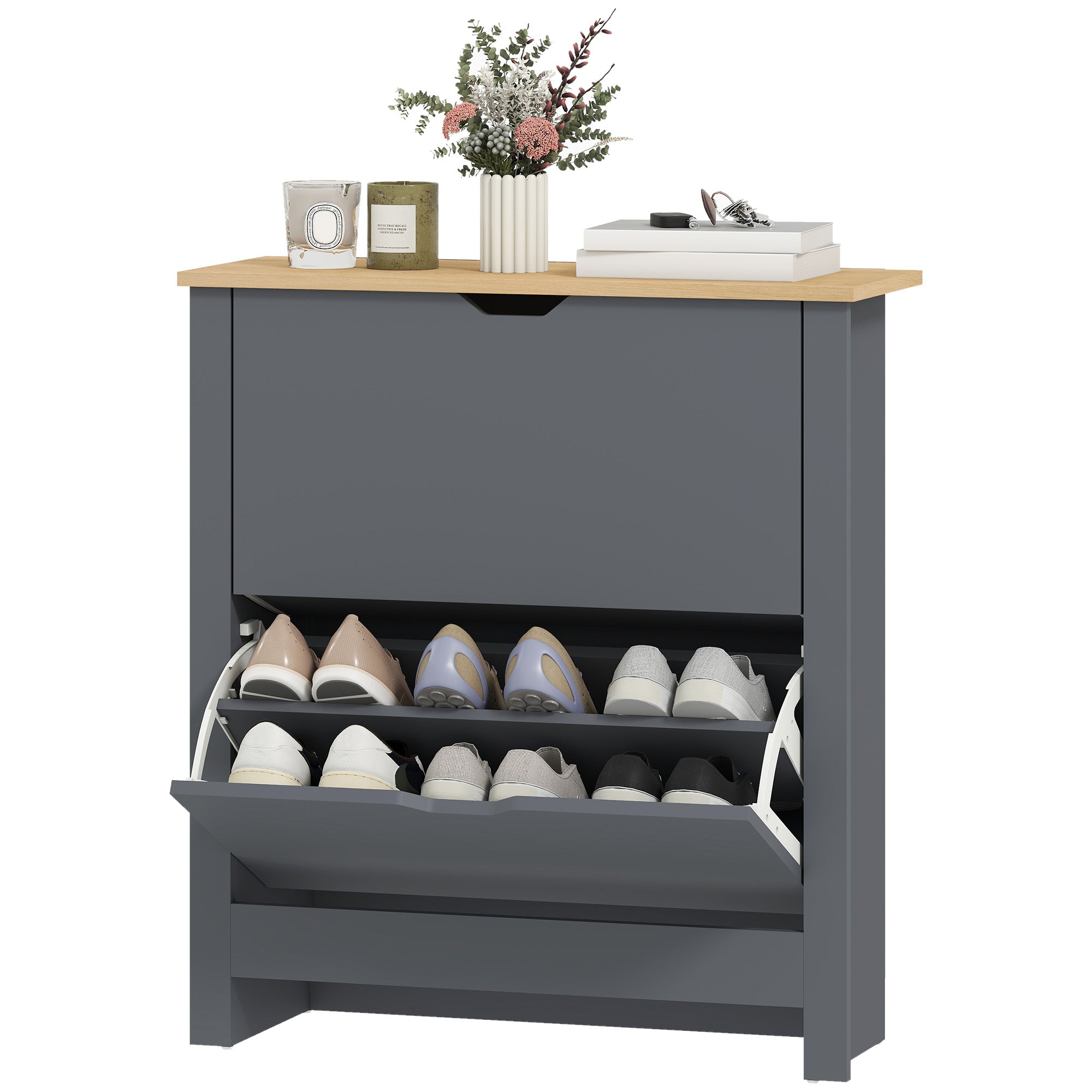 Shoe Cabinet with 2 Tilt-Out Compartments, Narrow Shoe Storage with Adjustable Divider, Holds up to 12 Pairs — 28.3 x 10.2 x 31.5 in (72 x 26 x 80 cm), Dark Gray