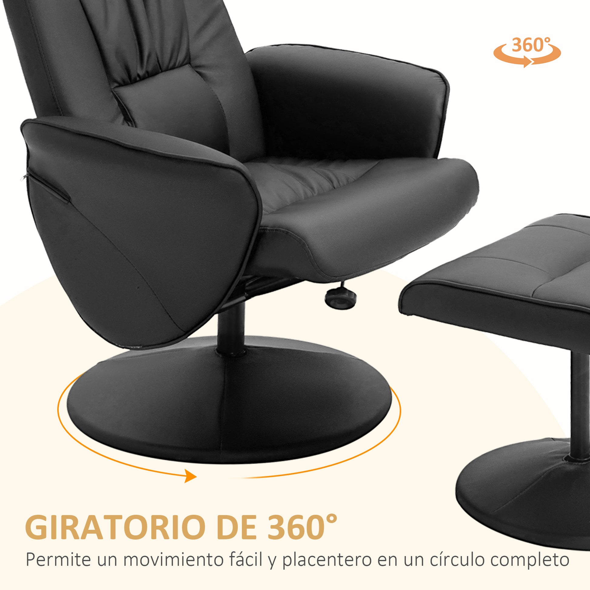 Living Room Chair with Ottoman Footrest Upholstered in PU Reclining Relax Chair up to 145° and 360° Swivel with Adjustable Back for Living Room Bedroom Office 76x81x101 cm Black
